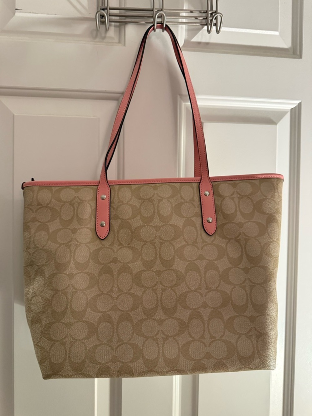 Coach Beige Signature Canvas Tote with Pink Trim - Picture 3 of 4